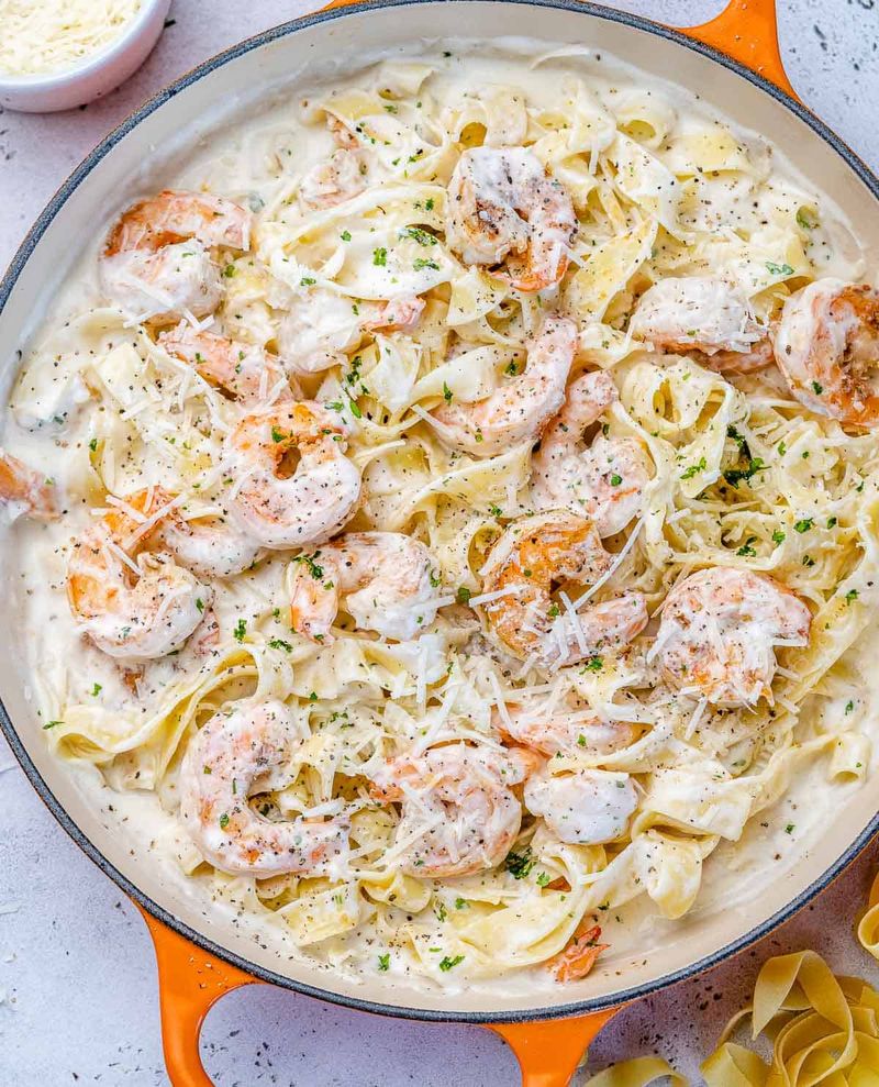 Baked Fettuccine Alfredo with Shrimp