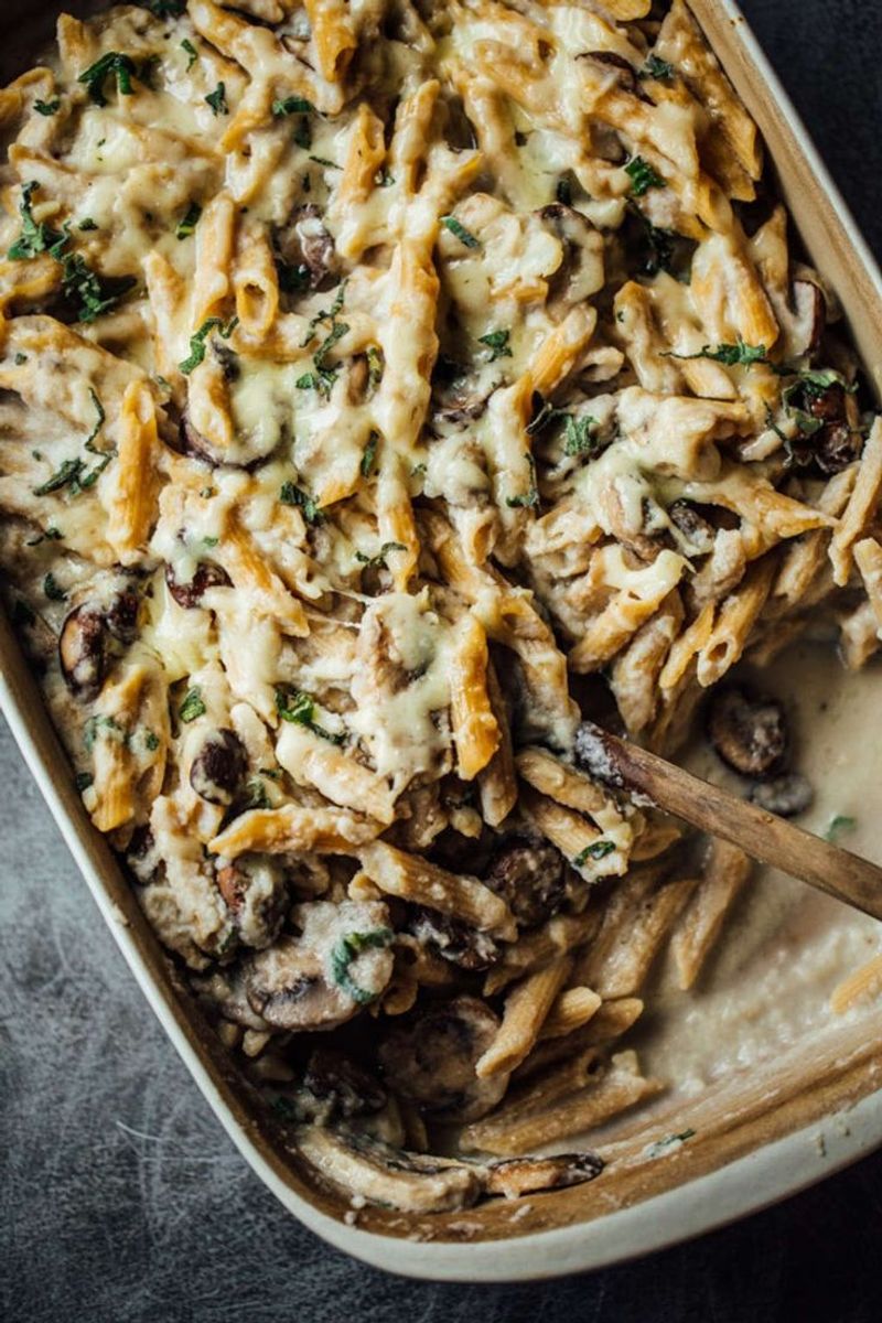 Mushroom Alfredo Penne Bake