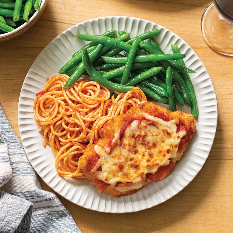 Chicken Parmesan With Spaghetti And Seasoned Green Beans