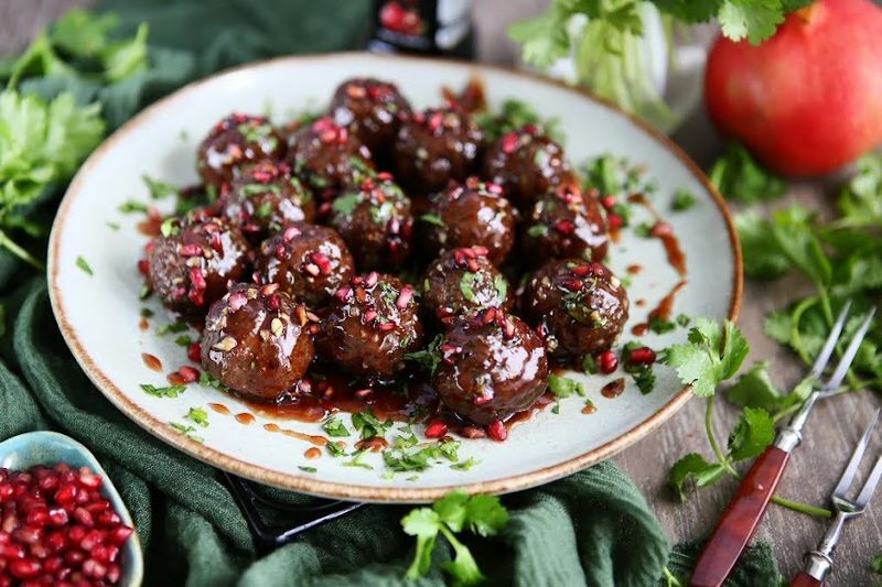 Sticky Pomegranate Meatball Bowls
