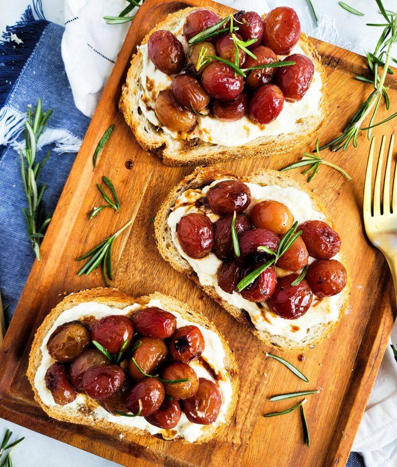 Whipped Feta with Roasted Grapes on Toasted Baguette