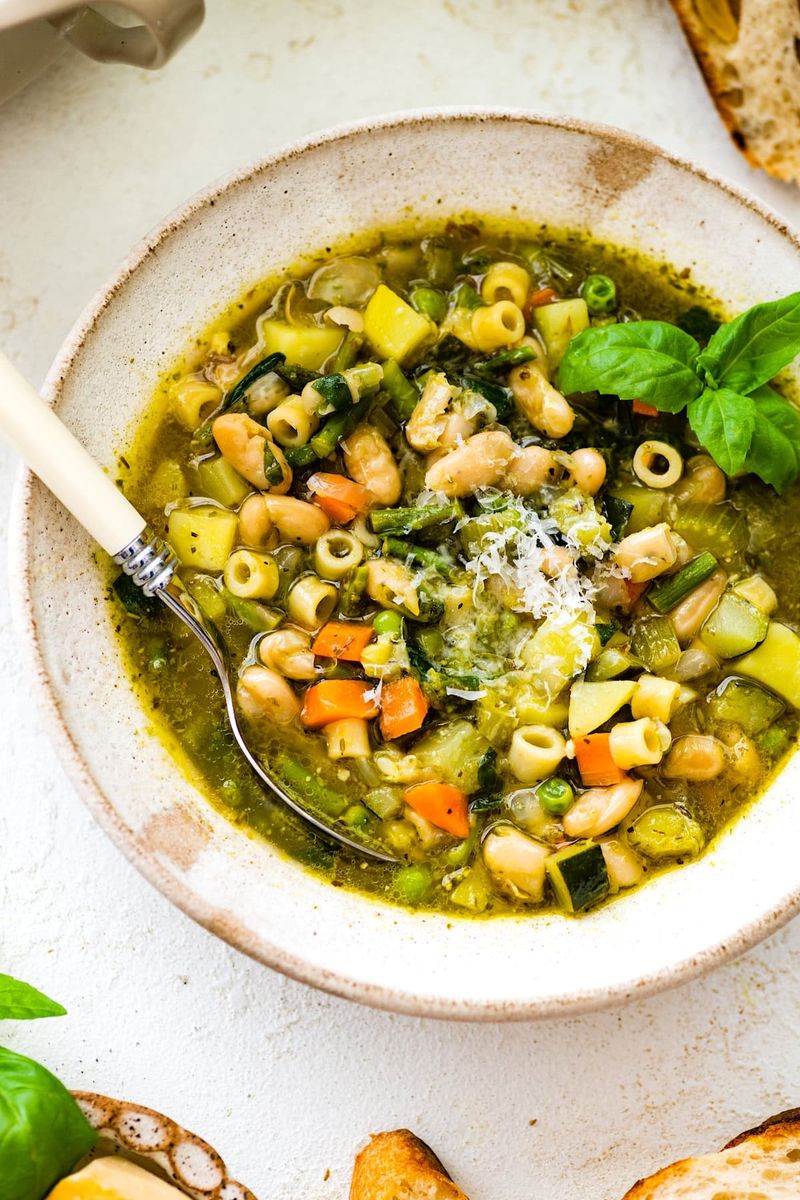 Spring Minestrone Soup with Pesto Drizzle