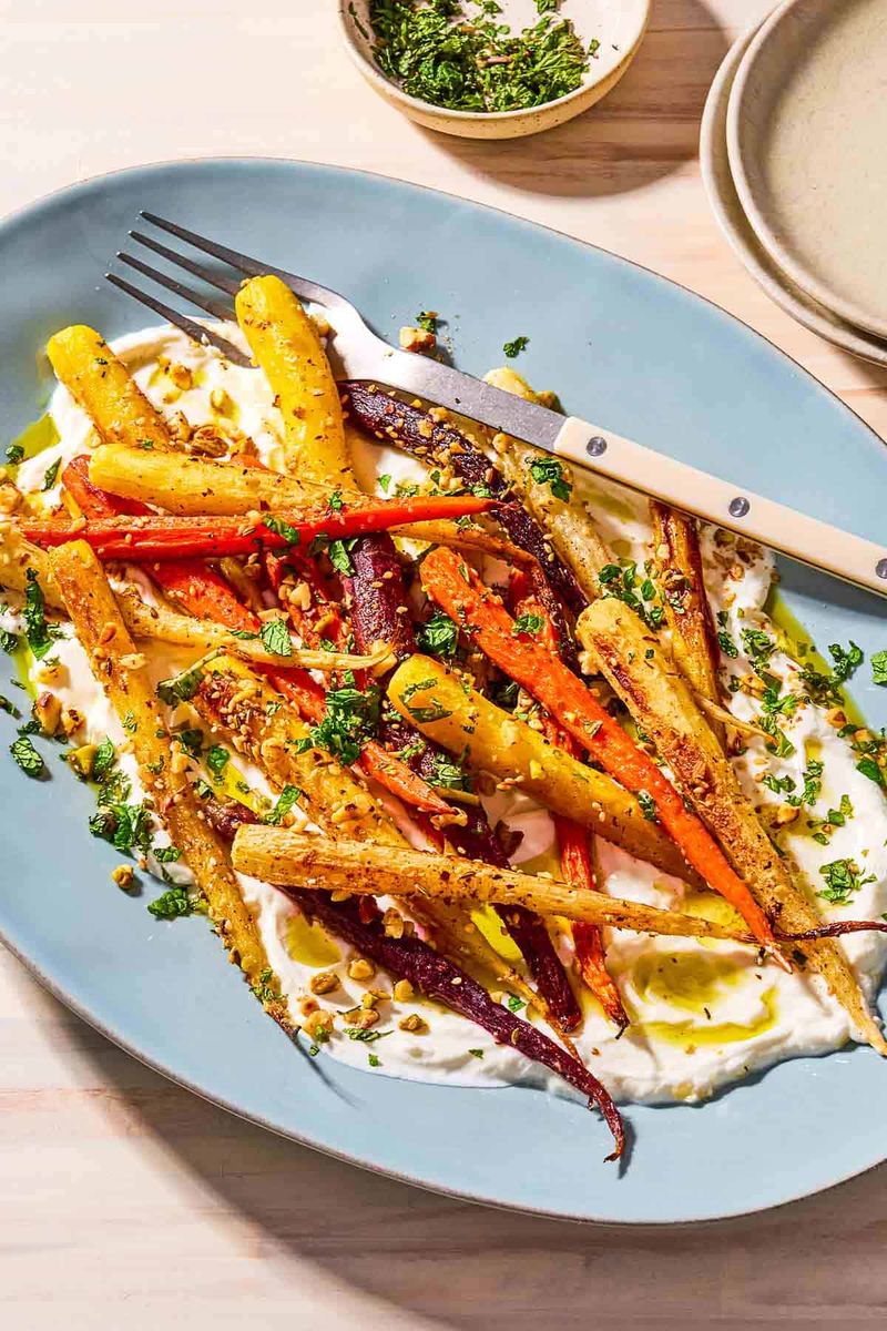 Roasted Rainbow Carrots with Herbed Yogurt Dip