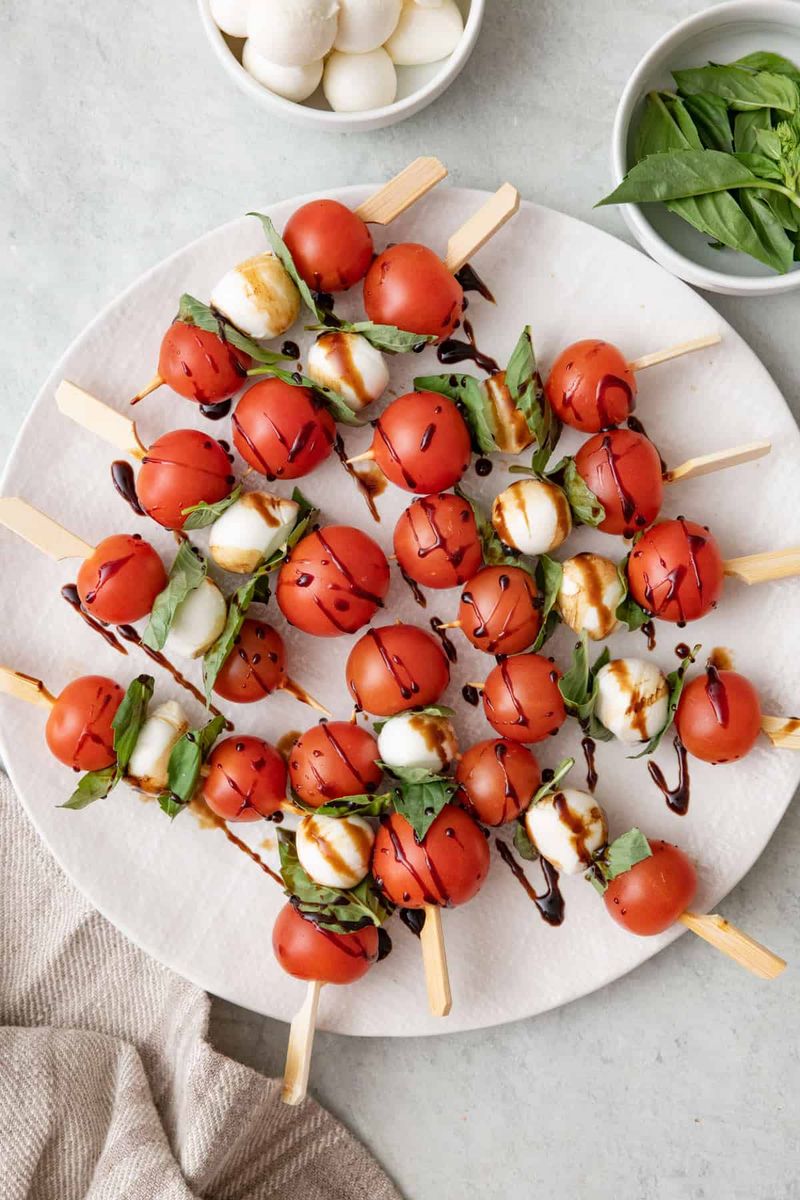 Caprese Skewers with Basil Pesto Drizzle