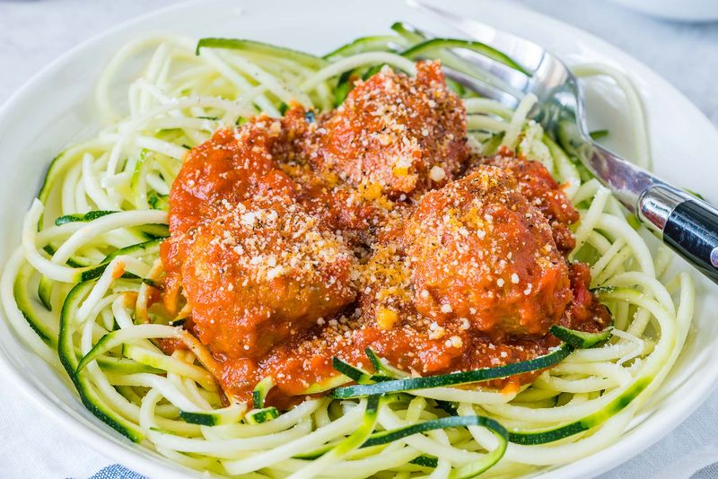 Zucchini Noodles With Turkey Meatballs In Marinara Sauce