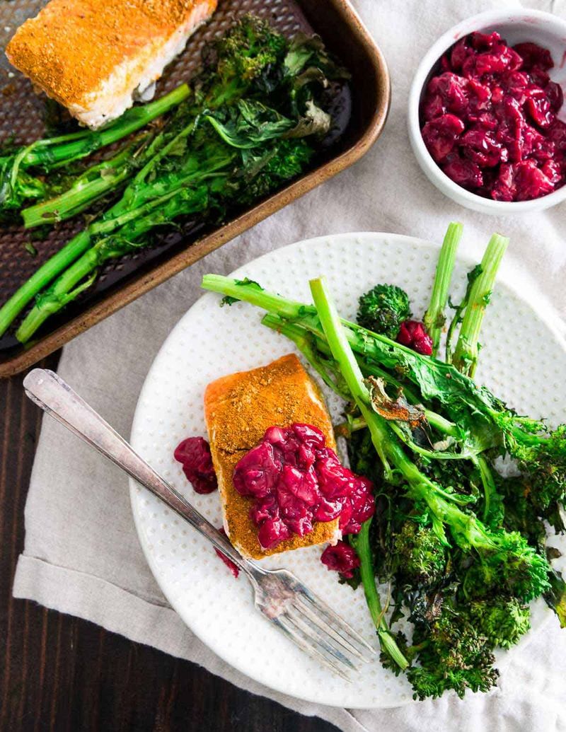 Sheet Pan Turmeric Salmon with Cherry Sauce