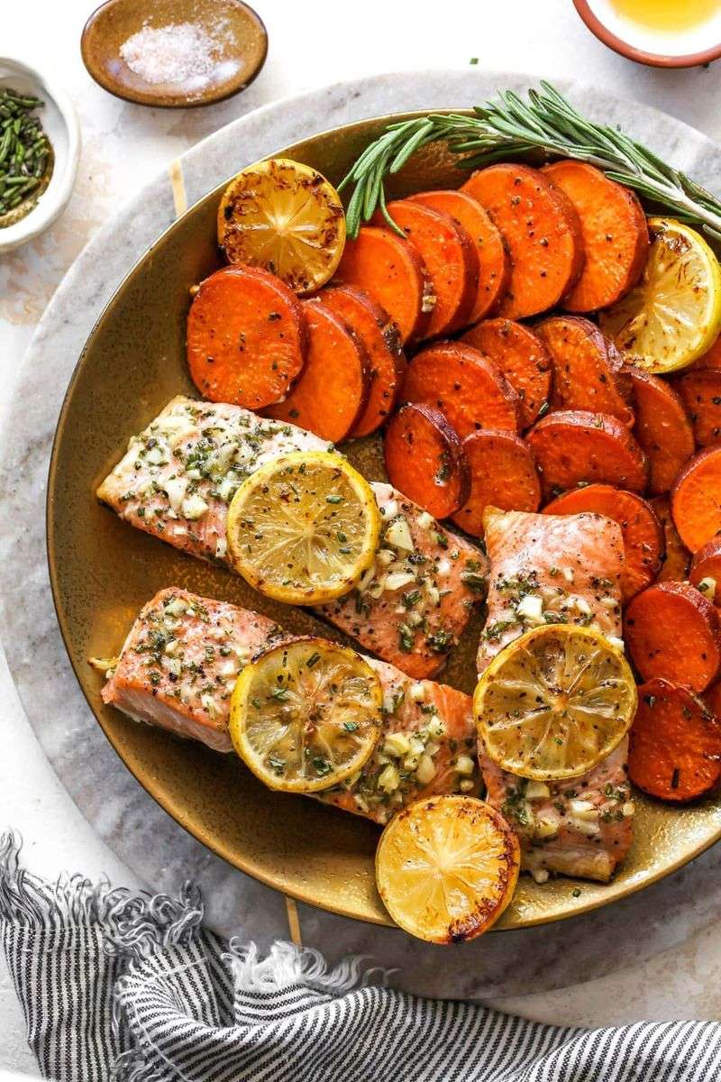 Baked Salmon With Lemon-Dill Sauce And Roasted Sweet Potatoes