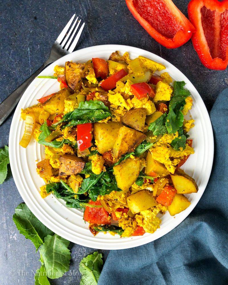 Vegan Breakfast Hash with Smashed Potatoes and Tofu