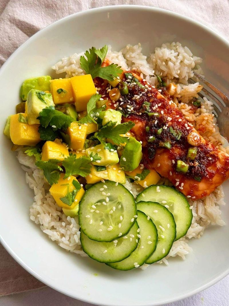 Salmon Bowl With Brown Rice, Avocado, And Mango Salsa