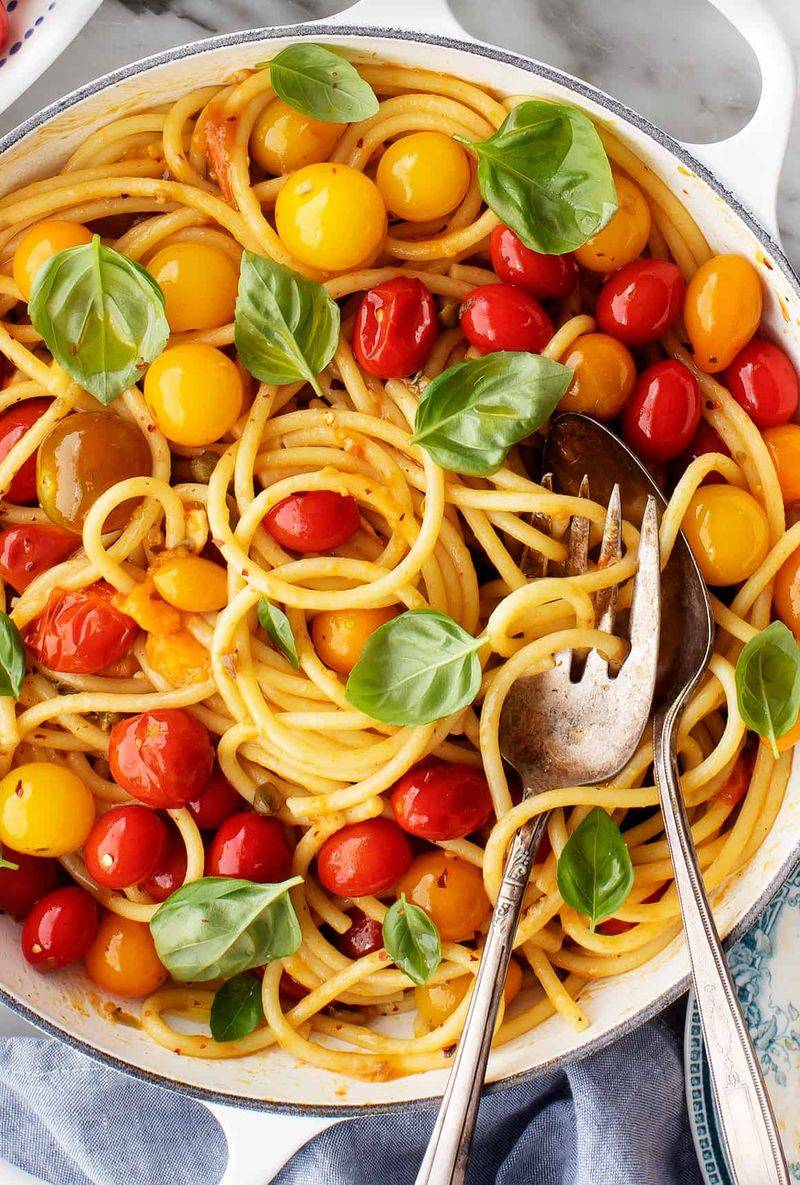 Bucatini with Burst Cherry Tomatoes and Basil