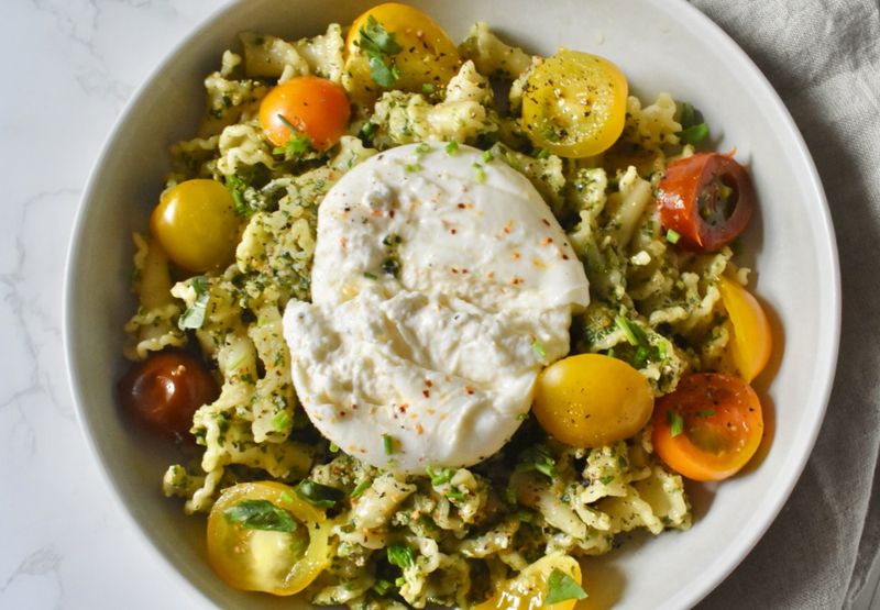 Herbed Spring Pesto Pasta with Burrata