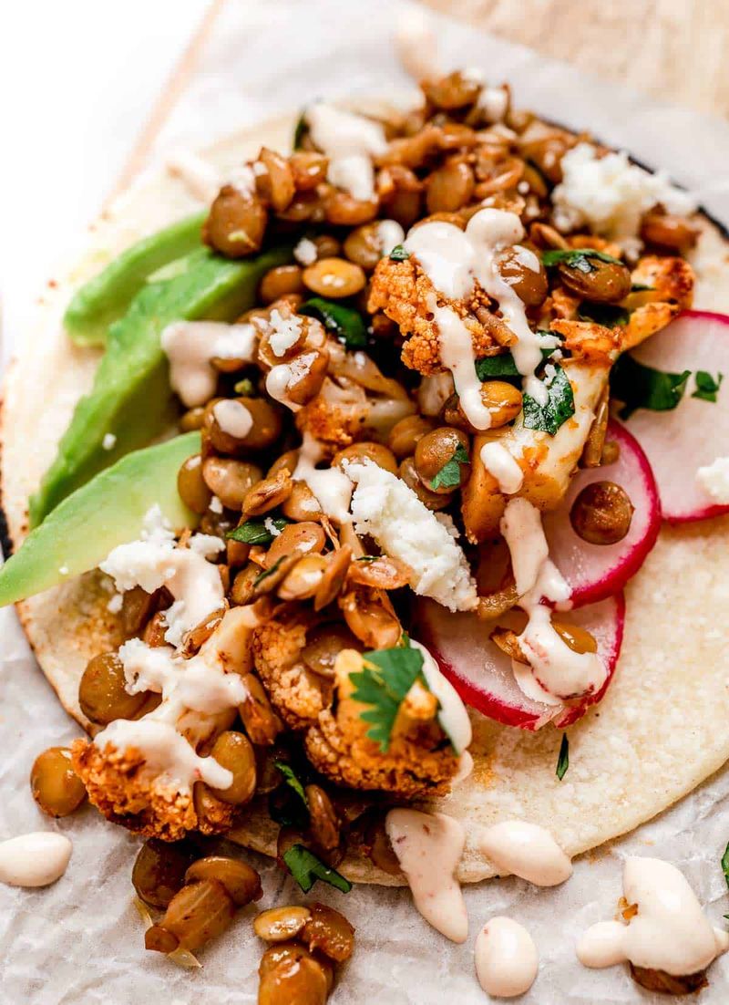 Lentil and Roasted Cauliflower Tacos with Chipotle Sauce
