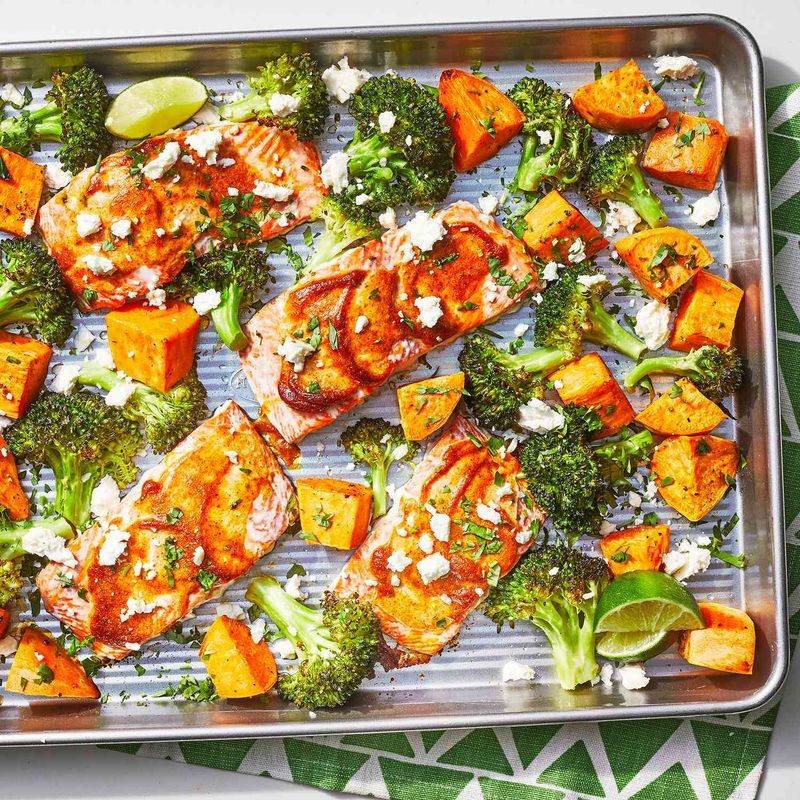 Lemon Roasted Salmon with Sweet Potatoes and Broccoli