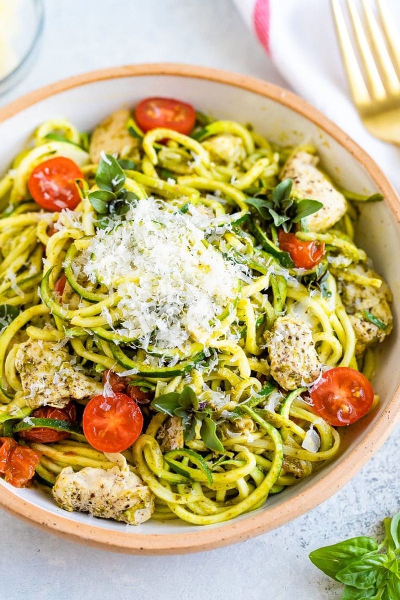 Zucchini Noodles with Pesto and Grilled Chicken