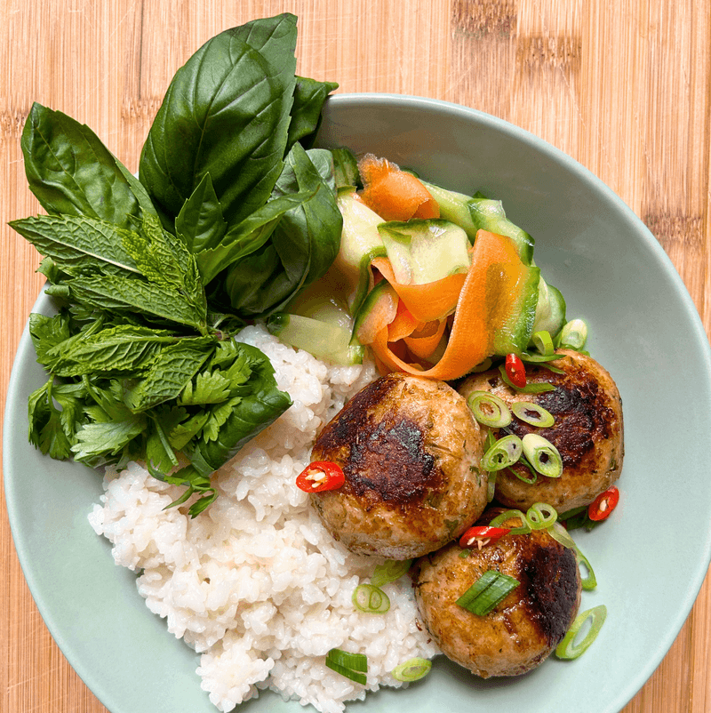 Spicy Lemongrass Chicken Meatballs with Sticky Rice and Quick Pickled Veg