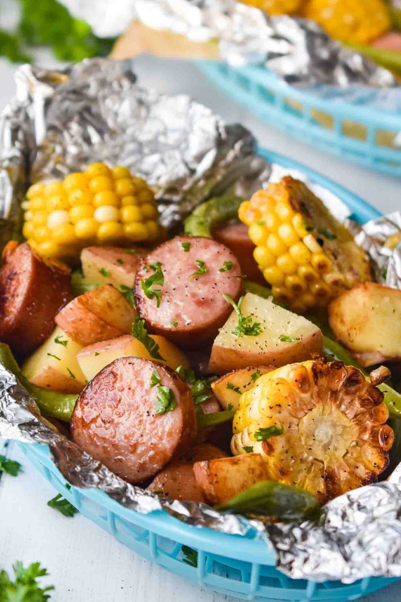 Grilled Sausages with Potatoes and Corn