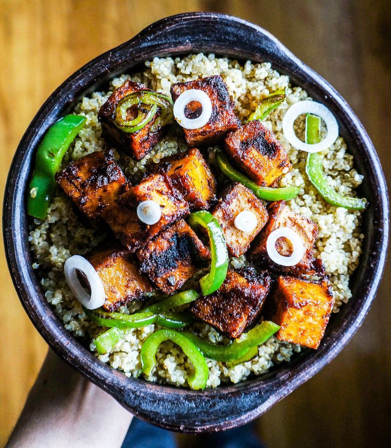 Sweet and Spicy Green Tofu Quinoa Bowl