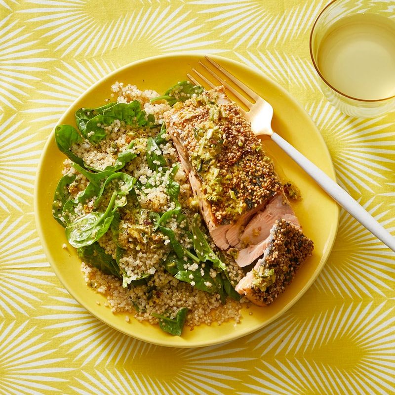 Sesame Salmon With Quinoa Pilaf and Pistachio Vinaigrette