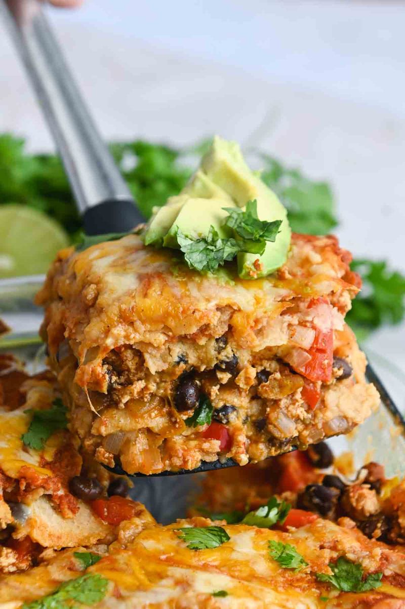 Black Bean and Sweetcorn Enchilada Bake (No Cheese)