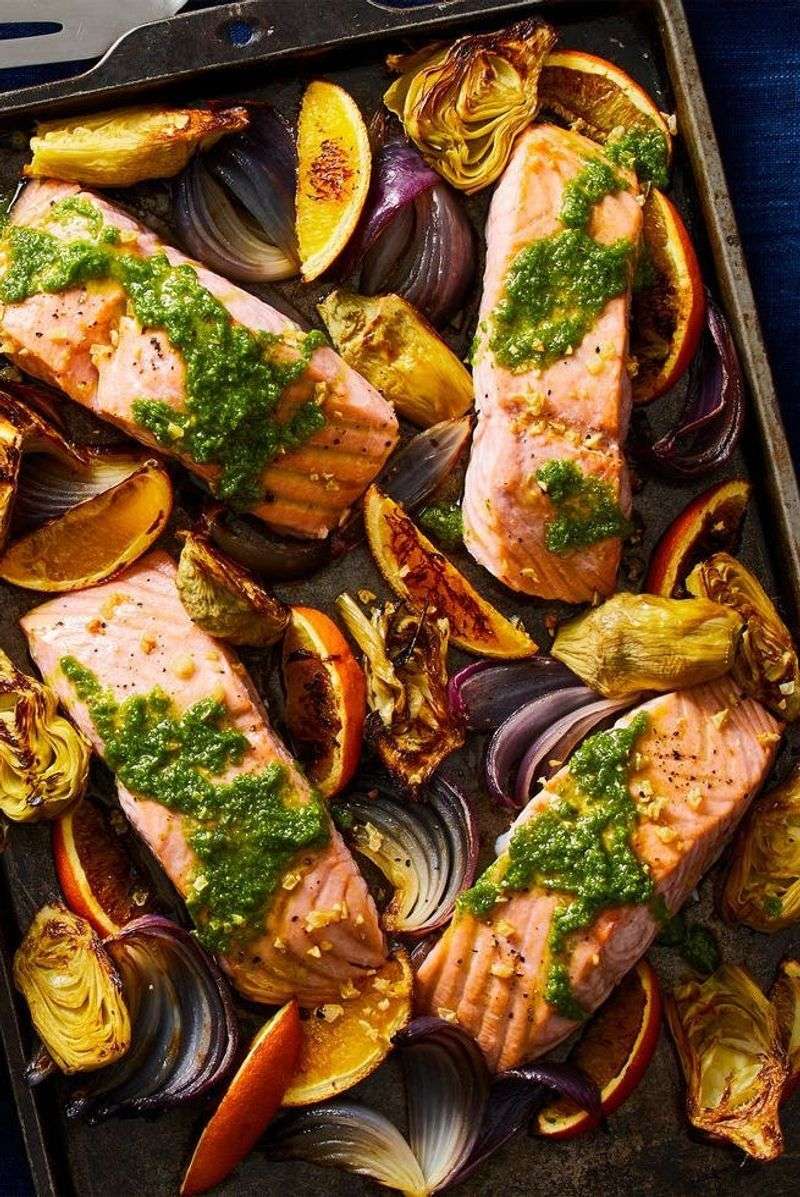 Roasted Salmon, Artichokes, and Red Onion