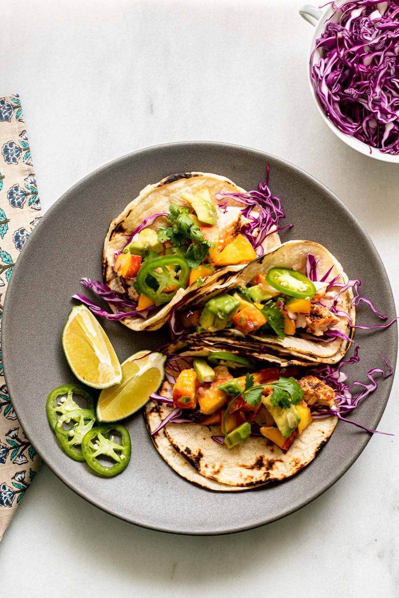 Salmon Tacos with Peach Salsa