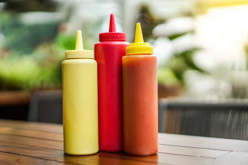Condiments in plastic bottles