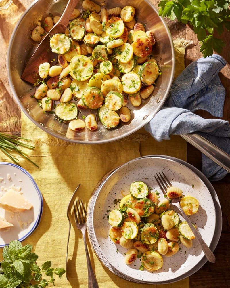 Pan-Seared Gnocchi with Parmesan-Roasted Summer Squash and Herbs