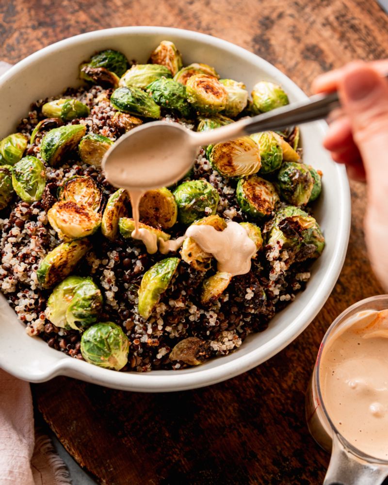 Vegan Lentil Salad Roasted Brussels Sprouts