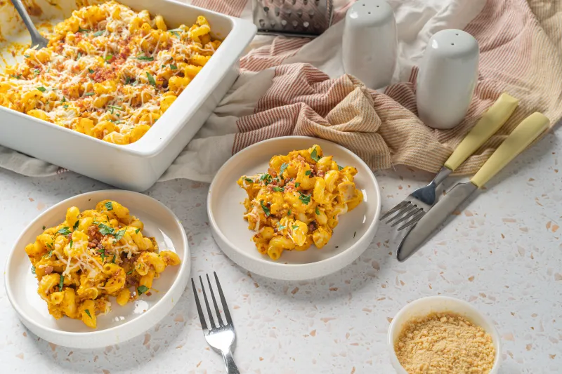 Pumpkin-Chicken-Bacon Pasta Bake