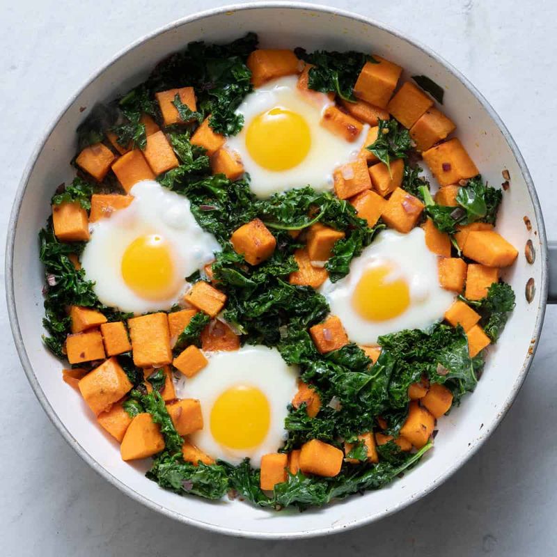 Scrambled Eggs with Sweet Potato and Kale