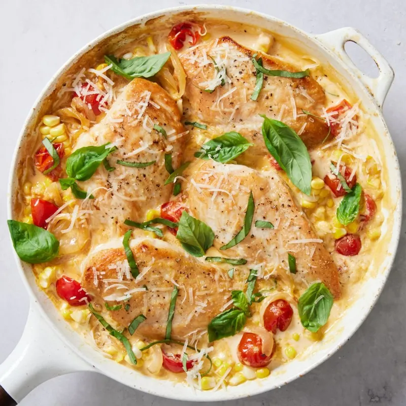Creamy Skillet Chicken with Corn, Tomato & Basil