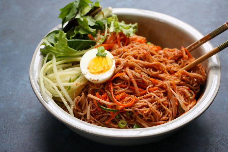 Spicy Kimchi Noodle Pasta Salad