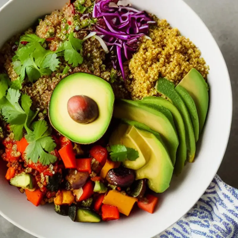 Chicken Quinoa Bowl with Avocado and Roasted Veggies