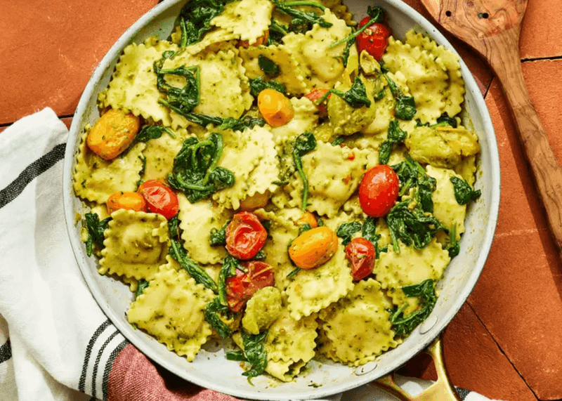 Pesto Ravioli with Spinach & Tomatoes