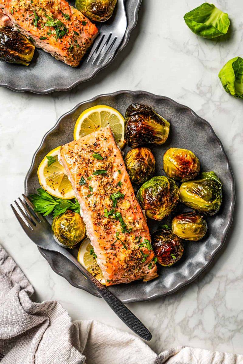 Baked Salmon with Roasted Brussels Sprouts
