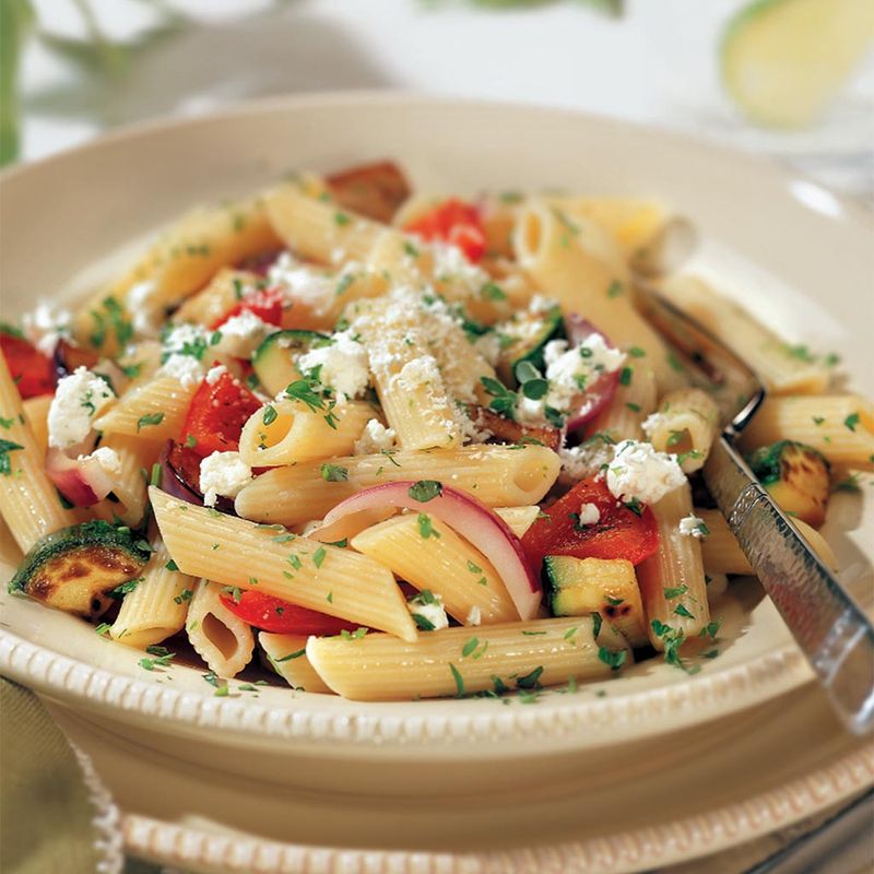 Roasted Veggie and Goat Cheese Pasta Salad