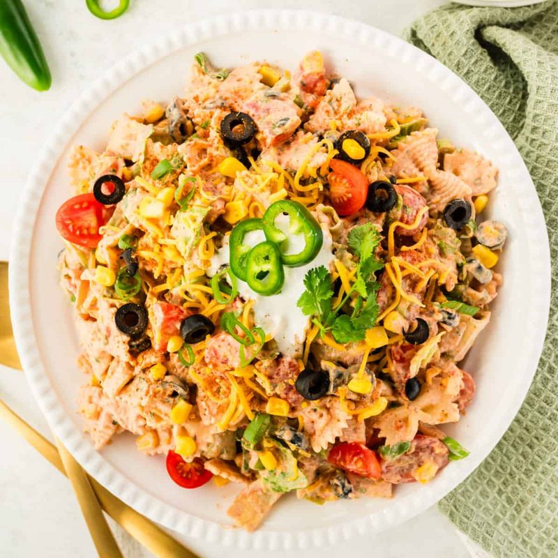 Creamy Taco Pasta Salad with Dorito Crumbles