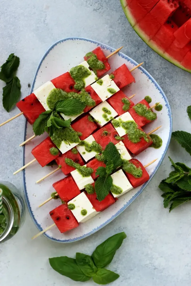 Watermelon Feta Skewers with Mint & Lime