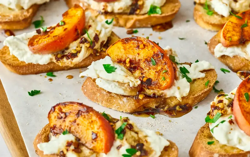 Grilled Peach & Burrata Crostini