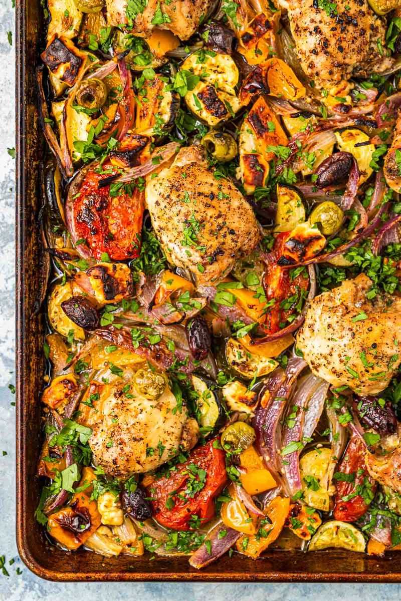 Sheet Pan Chicken Thighs with Peppers and Onions