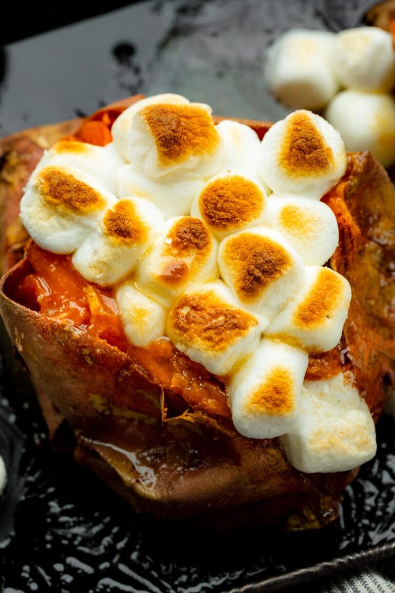 Loaded Sweet Potato with Marshmallows and Caramel