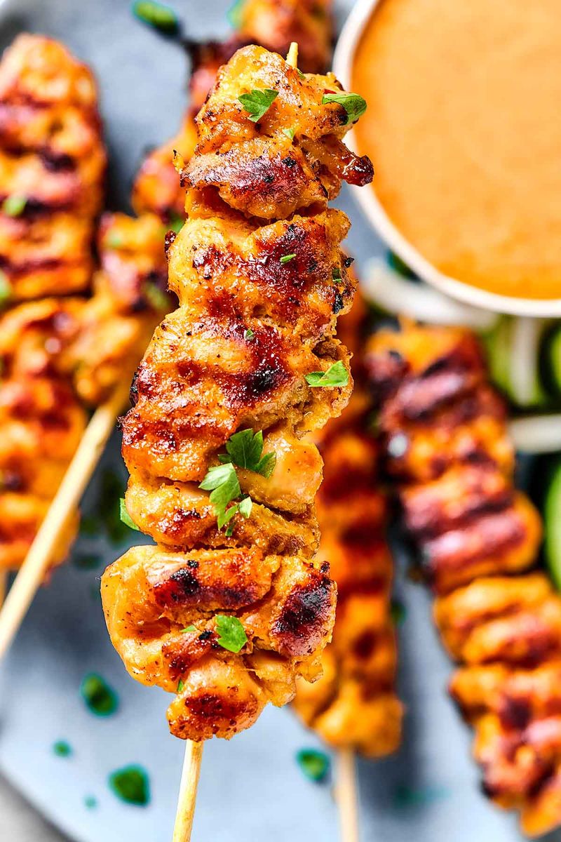 Spicy Grilled Chicken Skewers with Peanut Dipping Sauce