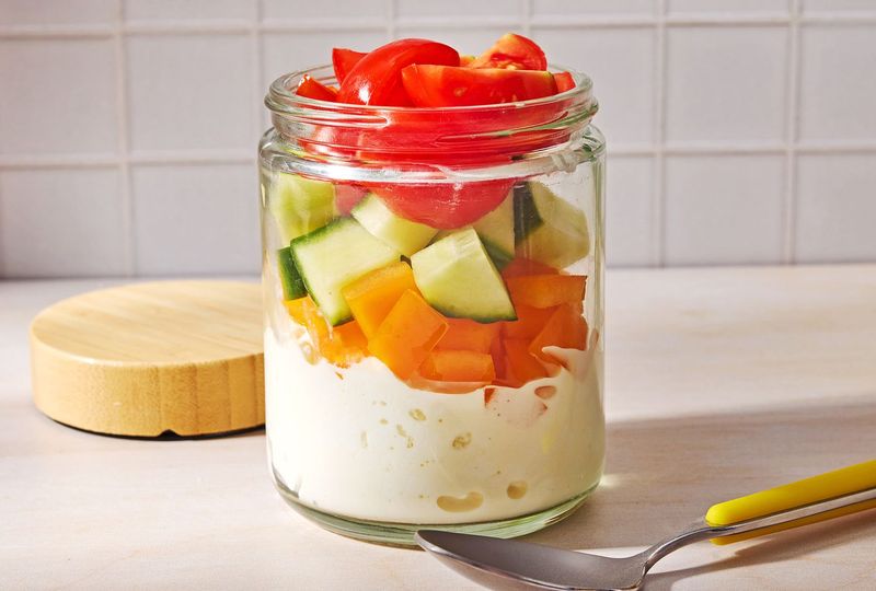 Cottage Cheese Snack Jar with Tomatoes, Cucumbers & Bell Peppers