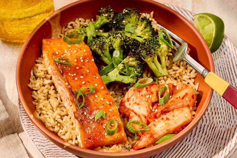 Salmon with Brown Rice and Steamed Broccoli