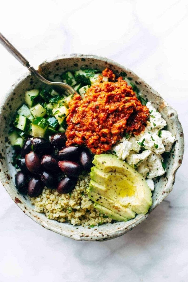 Chickpea & Quinoa Bowl with Roasted Red Pepper Sauce