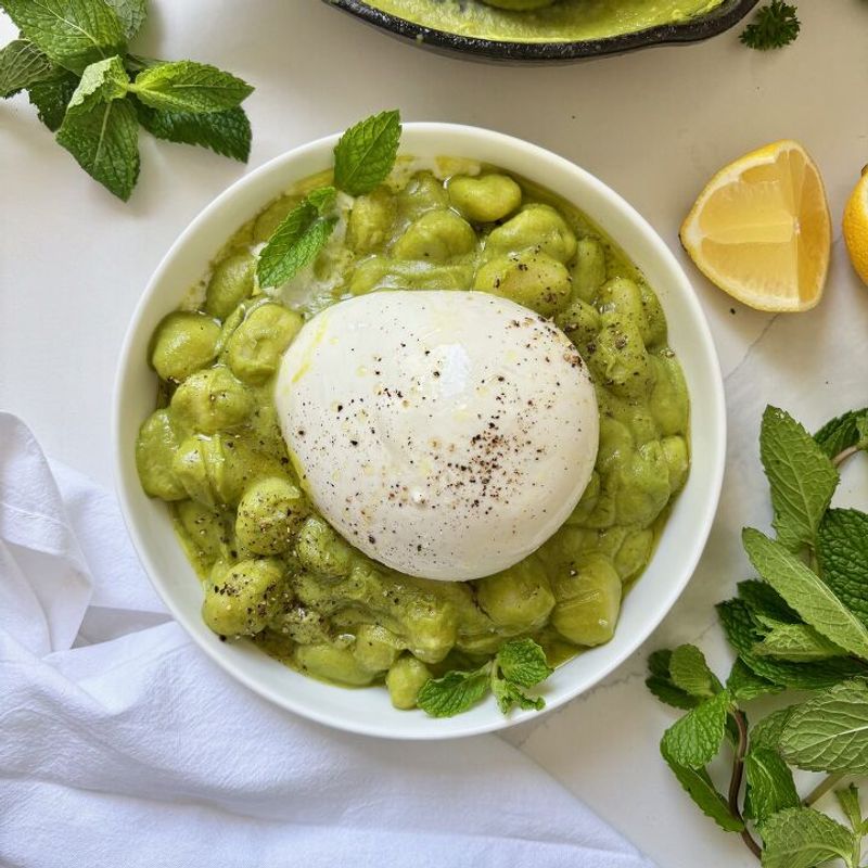 Pea Pesto Gnocchi with Burrata