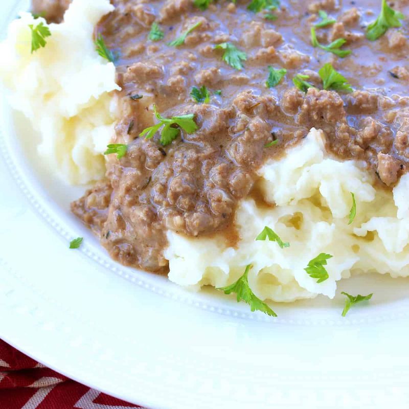 Hamburger Gravy Over Mashed Potatoes