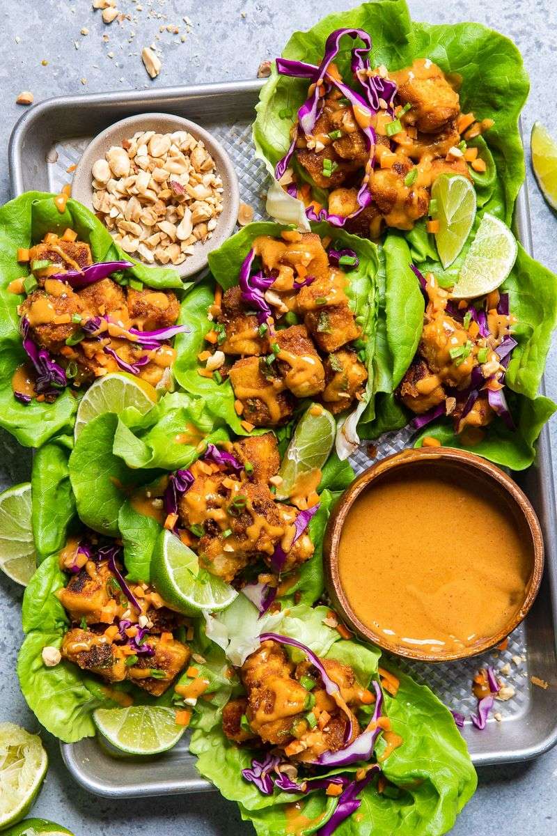 Baked Tofu Lettuce Wraps with Peanut Sauce