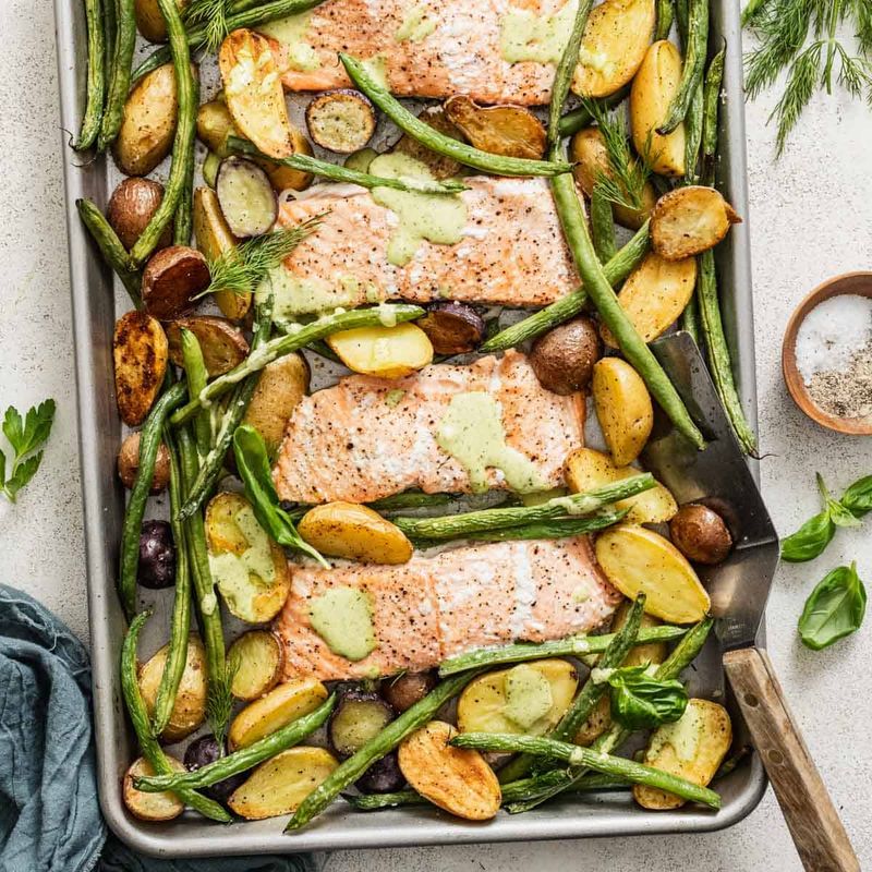 Lemon-Garlic Sheet-Pan Salmon with Potatoes & Green Beans