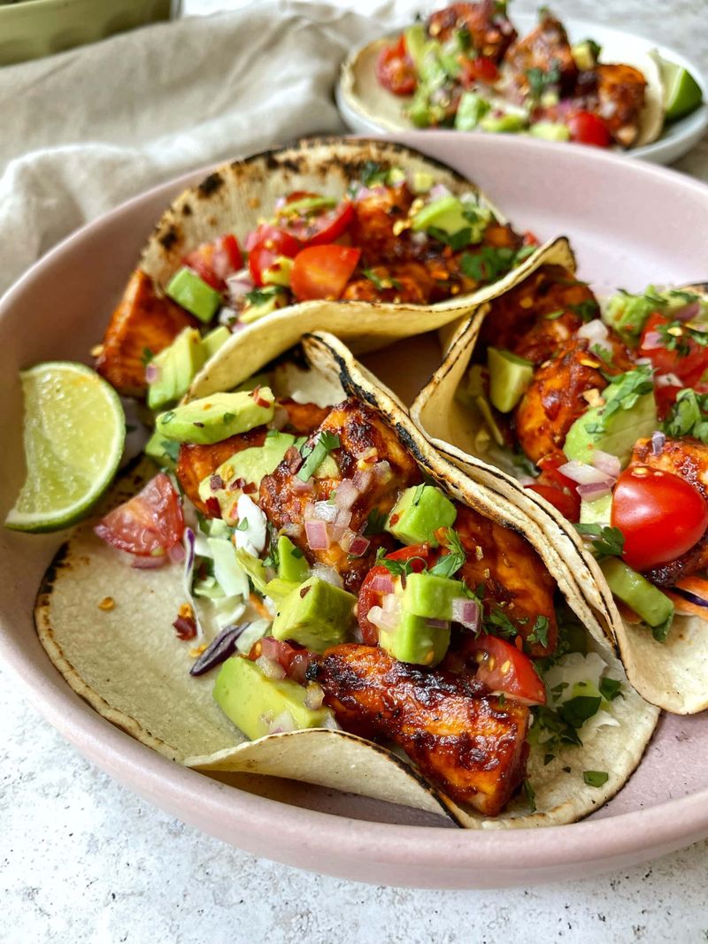 Grilled Salmon Tacos with Avocado Crema